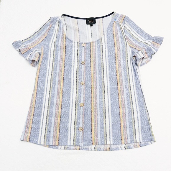 W5 Striped Short Sleeve Multicolor Top Flutter Sleeve SZ S - Picture 5 of 7